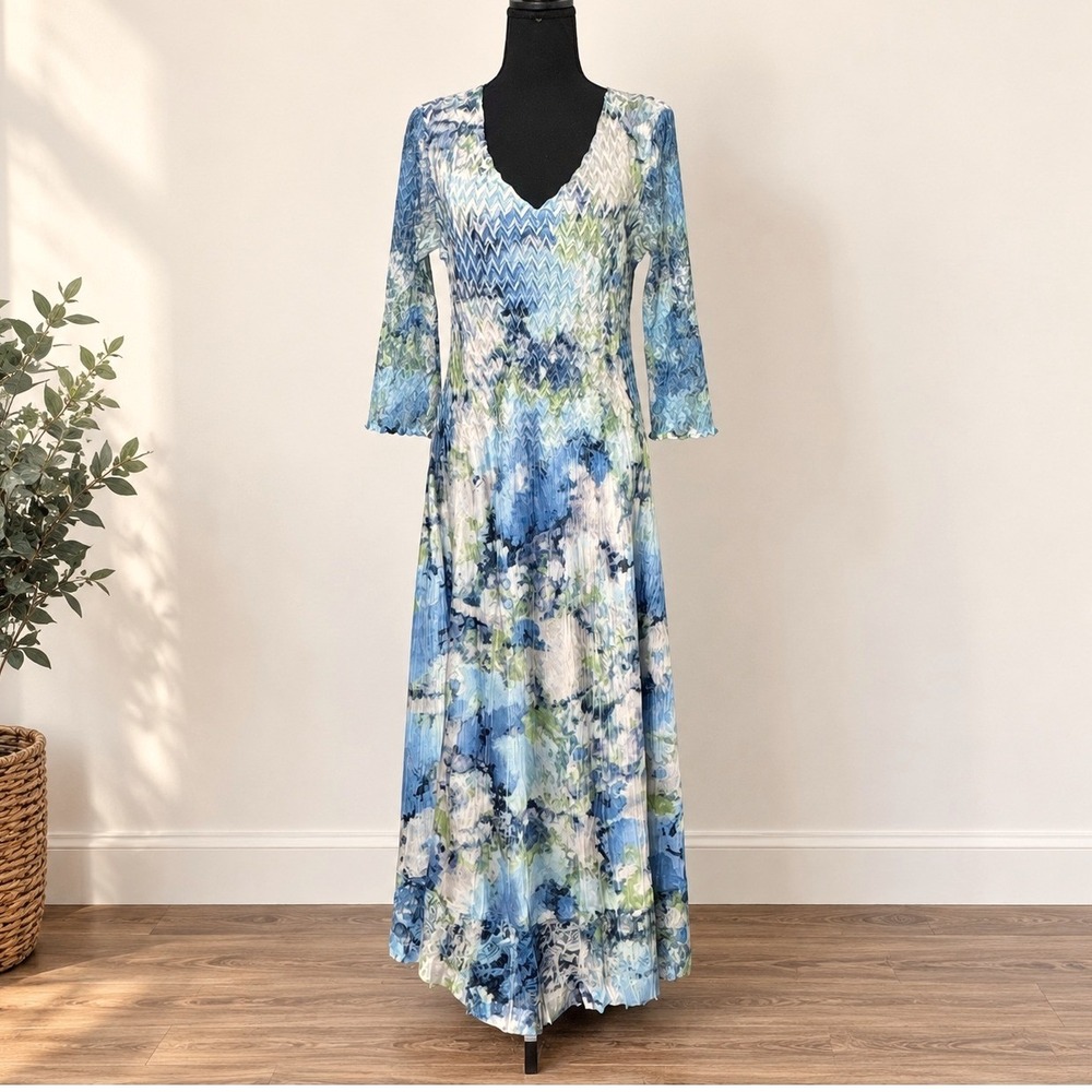 Komarov Blue Floral Maxi Dress Size L Lace Trim Fairy Boho Wedding Guest FLAWED